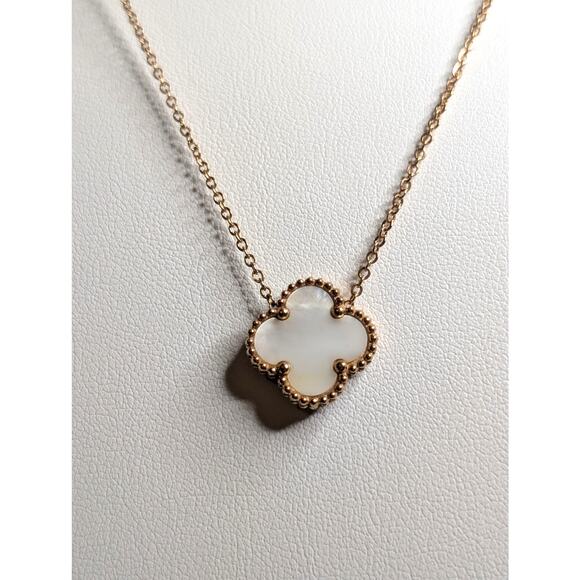 18K Rose Gold Plated Two Sided Quatrefoil Mother of Pearl CZ Pendant Necklace - Picture 3 of 10